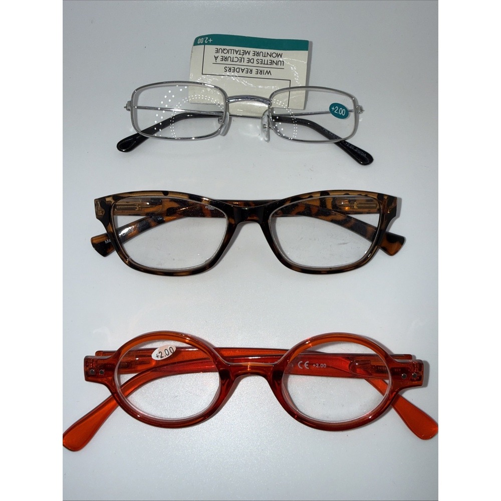 3 Pairs of NEW +2.0 Reading Eyeglasses-Silver Wire Rim, Round & Tortoise Square